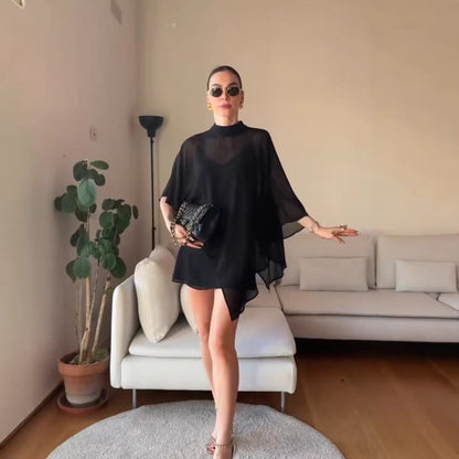 Damen Chiffon-Tunika Asymmetrisch Fließend Schwarz Eveloria - Eveloria
