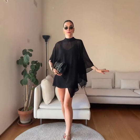 Damen Chiffon-Tunika Asymmetrisch Fließend Schwarz Eveloria - Eveloria
