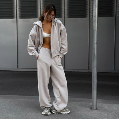 Damen Oversized Hoodie Sweatpants Set Baumwolle Beige