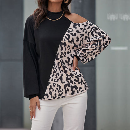 Damen Langarmshirt Leopardenmuster Asymmetrisch