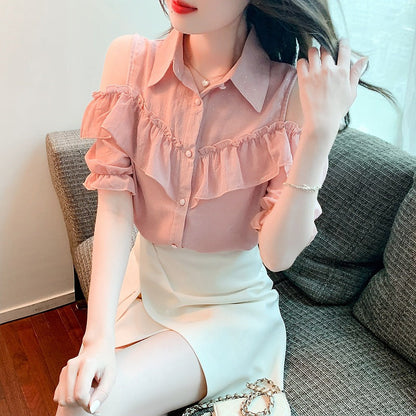 Damen Off-Shoulder Bluse Rüschendetails Weiß