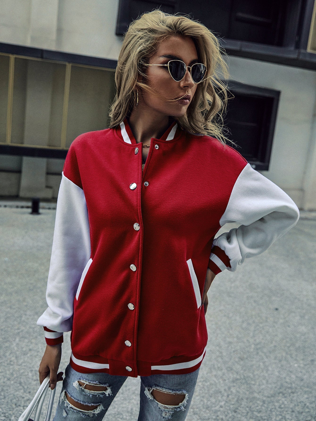 Damen Baseballjacke Kontrastärmel Druckknopfverschluss Eveloria