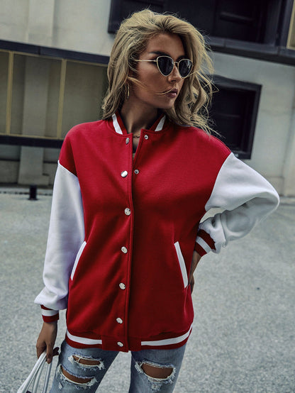 Damen Baseballjacke Kontrastärmel Druckknopfverschluss Eveloria