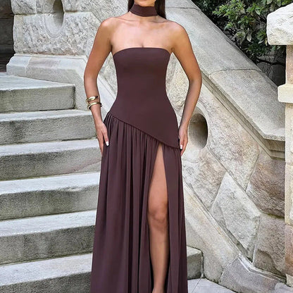 Damen Maxikleid Trägerlos Hochschlitz Eveloria