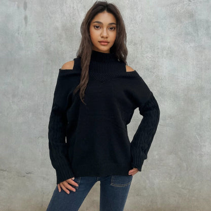 Damen Pullover Schulterfrei Zopfmuster Eveloria