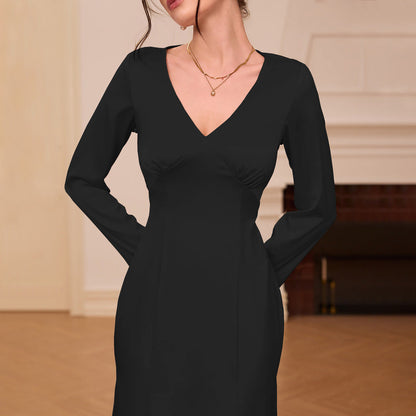 Damen Midi-Kleid V-Ausschnitt Lange Ärmel Eveloria