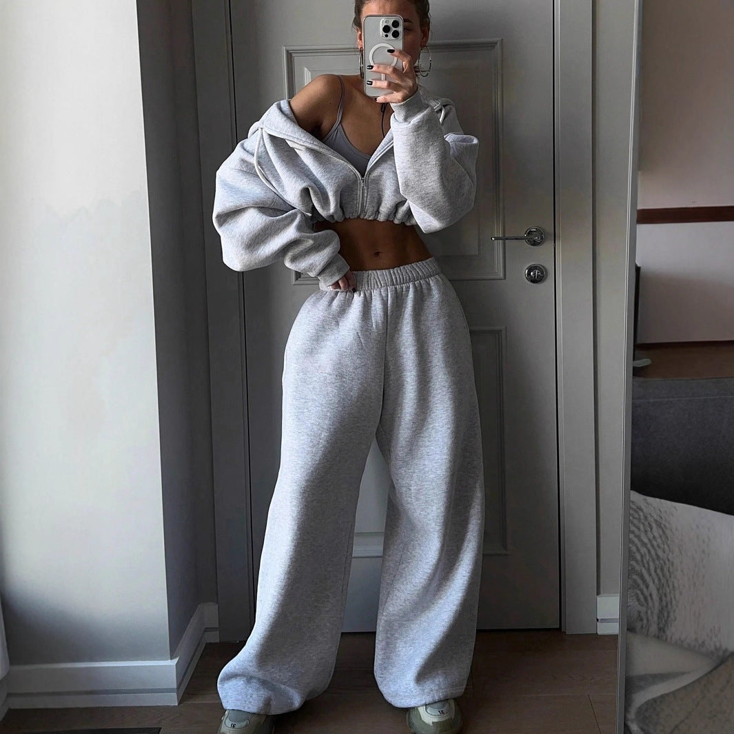 Damen Sweatshirt Set Cropped mit weiter Jogginghose Grau