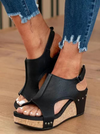 Damen Keilabsatz Sandalen Fischmund Plattform Leder