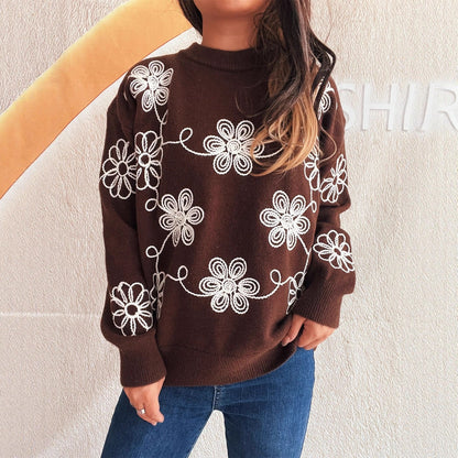 Damen Strickpullover Florales Muster Hoher Kragen - Eveloria