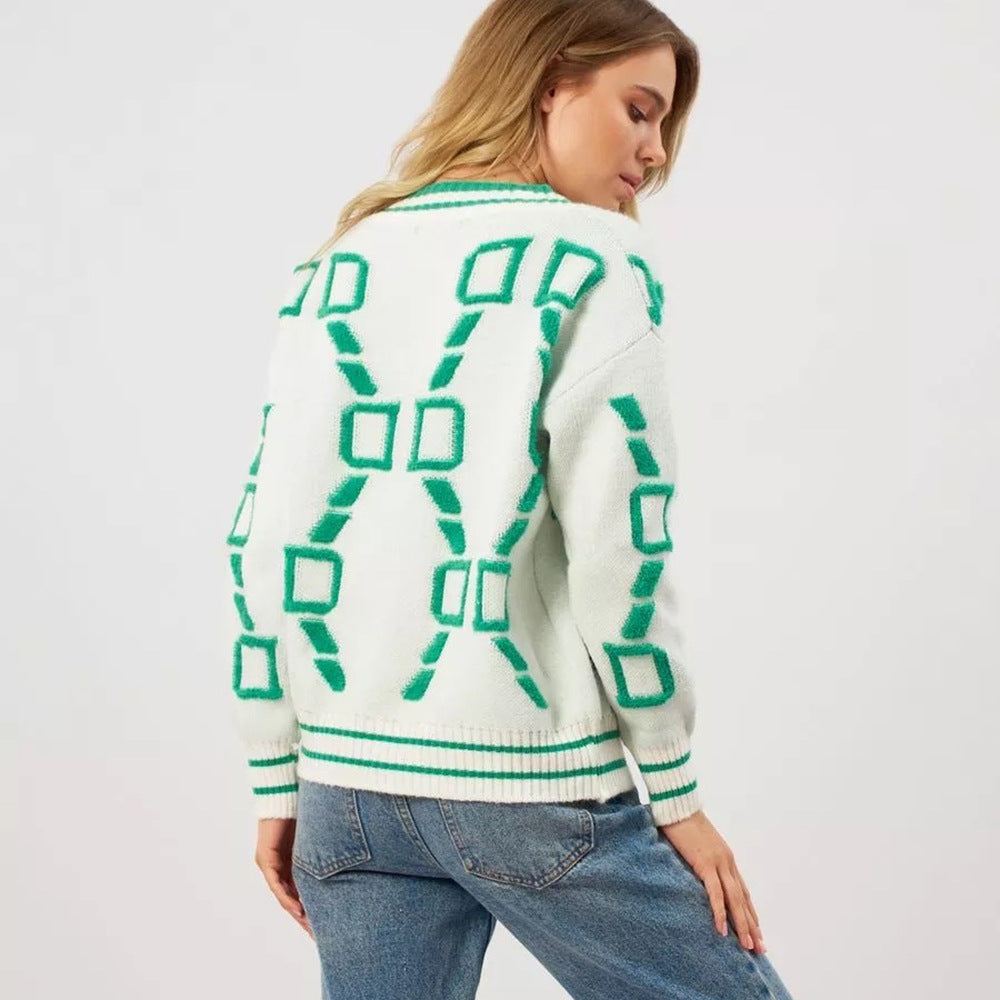 Damen Strickjacke Bunt Geometrisches Muster Knöpfe Eveloria