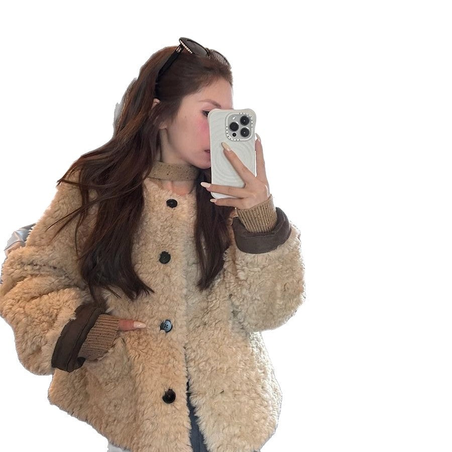 Damen Plüschjacke Kuschelig Knöpfe Beige