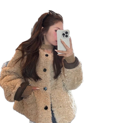 Damen Plüschjacke Kuschelig Knöpfe Beige