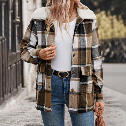 Damen Flanelljacke Karomuster Große Taschen Braun