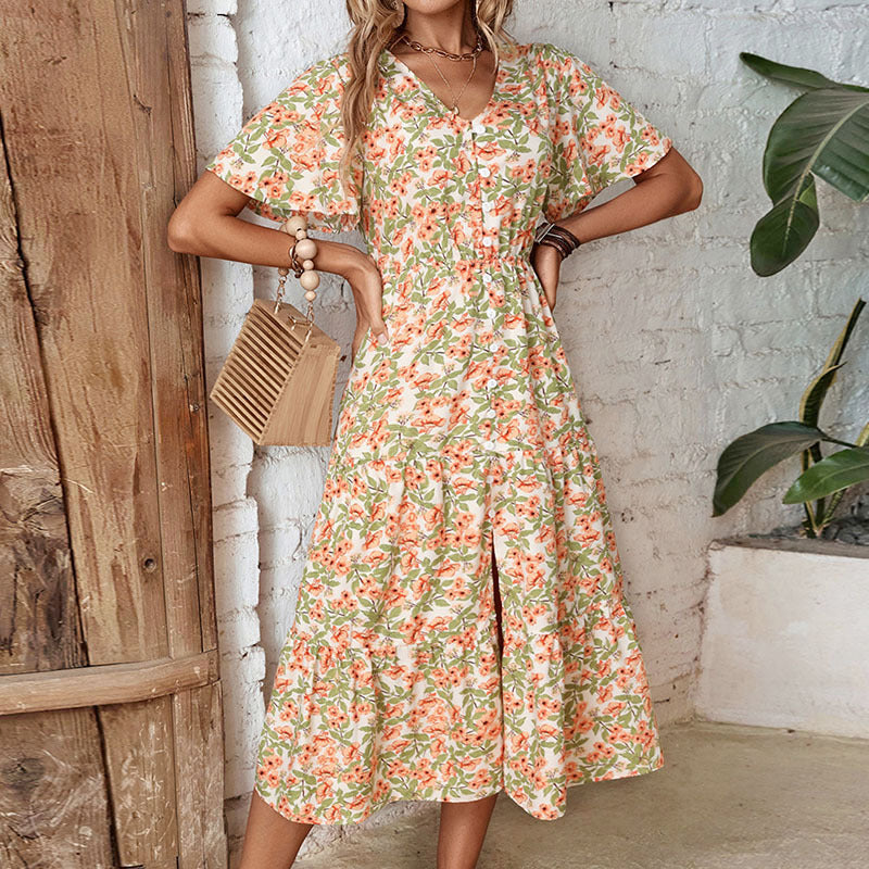 Damen Blumenkleid V-Ausschnitt Knopfleiste Eveloria