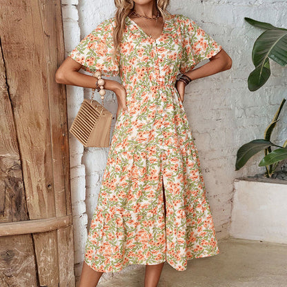 Damen Blumenkleid V-Ausschnitt Knopfleiste Eveloria