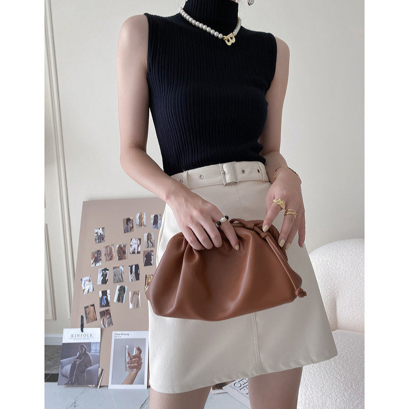 Damen Rippstrick Oberteil mit Stehkragen Hellbeige Eveloria
