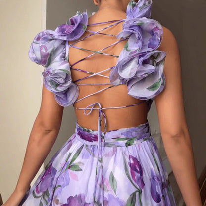 Damen Maxikleid Blumenmuster RüschenDetails Eveloria