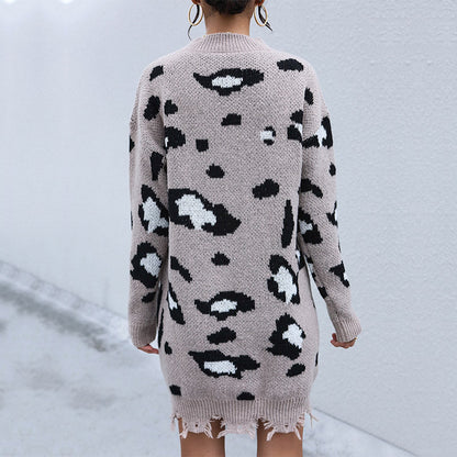 Damen Strickkleid Leopardenmuster Lässig