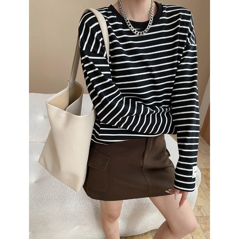 Damen Langarmshirt Streifen Weiches Baumwollmix weiß