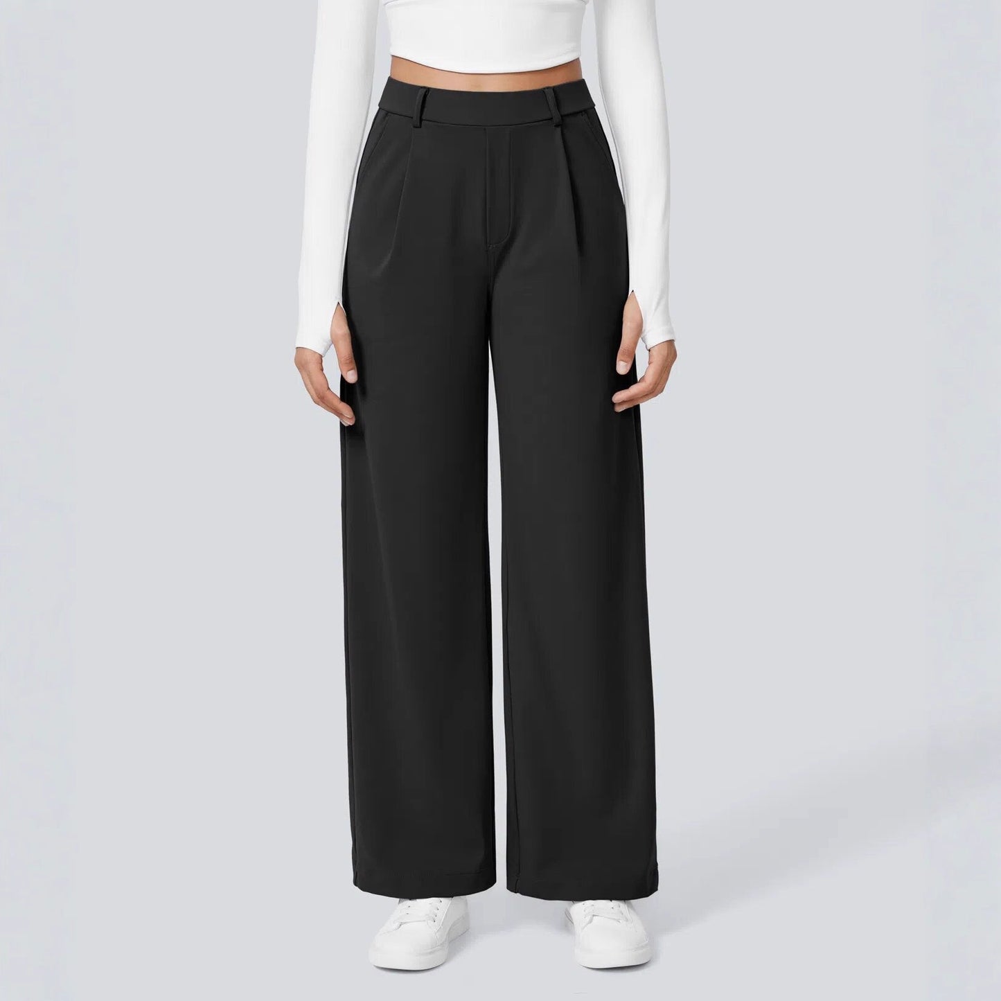 Damen Palazzo-Hose Weit Geschnitten Falten Elegant Schwarz Eveloria - Eveloria
