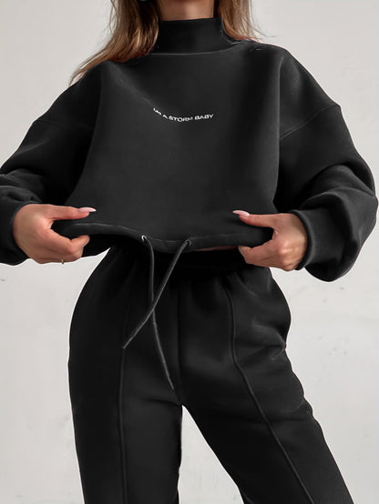 Damen Sportliches Sweatshirt Jogginghose Set Hochkragen Weites Design