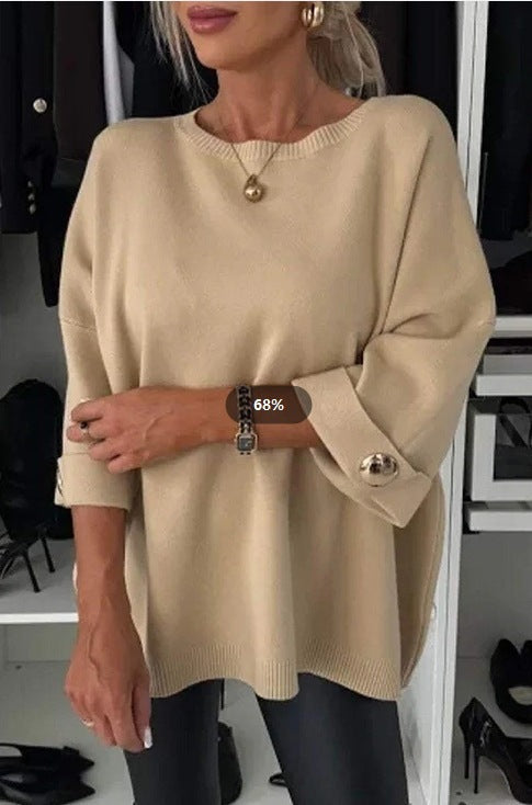 Damen Strickpullover Weit Ärmel Knopfdetails Eveloria