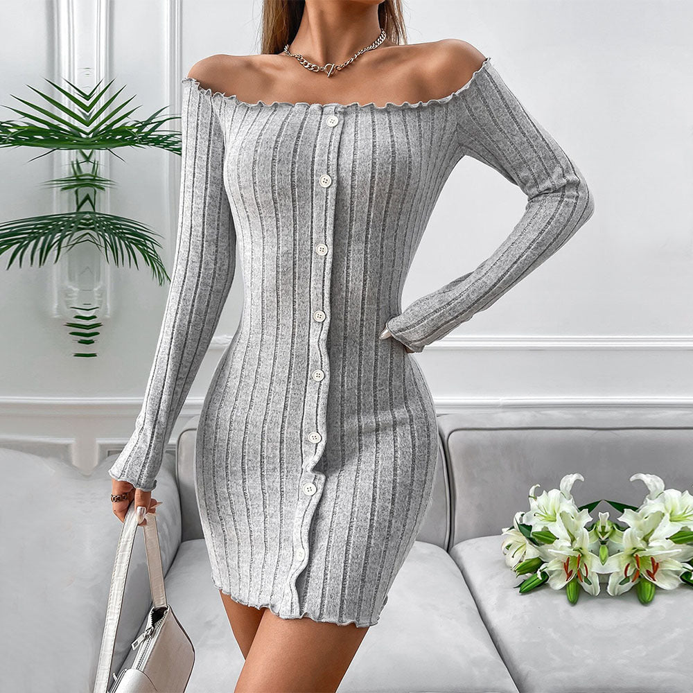 Damen Off-Shoulder Strickkleid mit Knopfleiste Elegantes Design