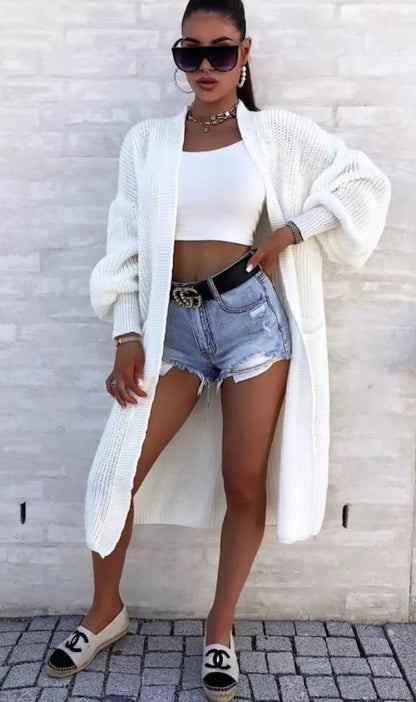 Damen Strickmantel Lang Weite Ärmel Taschen Beige