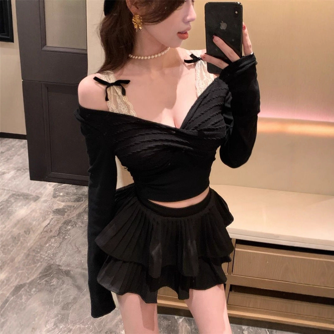 Damen Langarmshirt Spitze Raffung Elegant Weiß - Eveloria