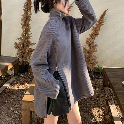 Damen Rollkragenpullover Oversized mit Reißverschluss und Rippenmuster