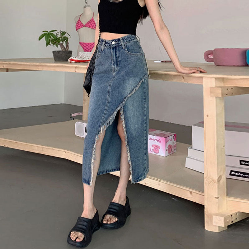 Damen Denim Midi-Rock Asymmetrischer Saum Blau