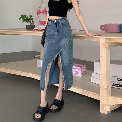 Damen Denim Midi-Rock Asymmetrischer Saum Blau