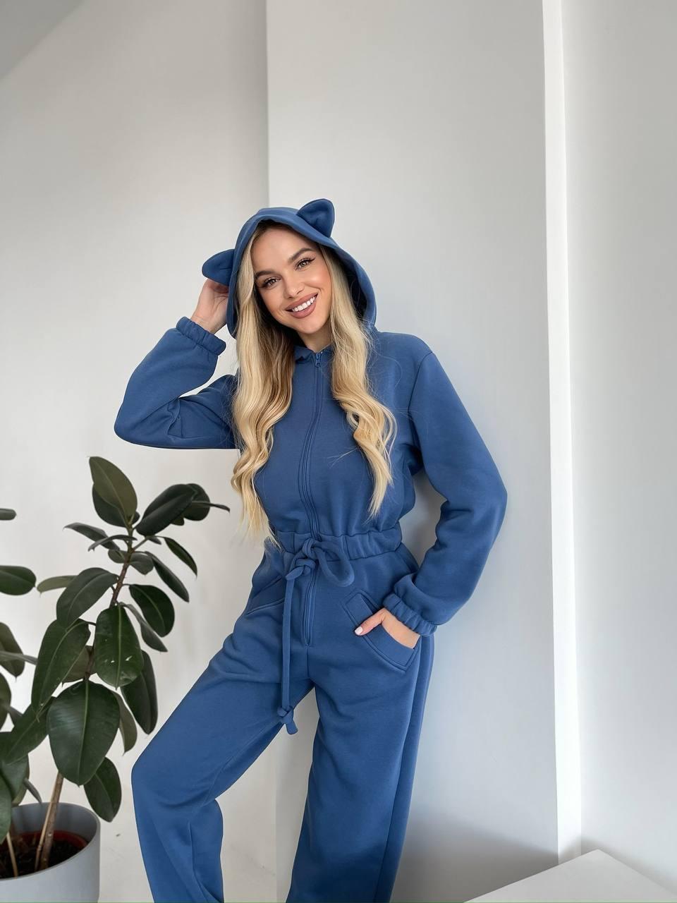 Damen Jumpsuit Kuschelig Känguru-Taschen Tierohren Grau