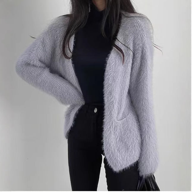 Damen Flauschstrickjacke Offene Front Praktische Taschen Grau - Eveloria