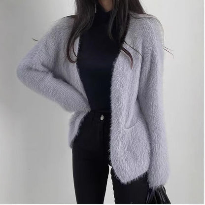 Damen Flauschstrickjacke Offene Front Praktische Taschen Grau - Eveloria