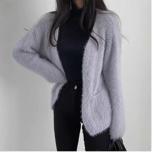 Damen Flauschstrickjacke Offene Front Praktische Taschen Grau - Eveloria