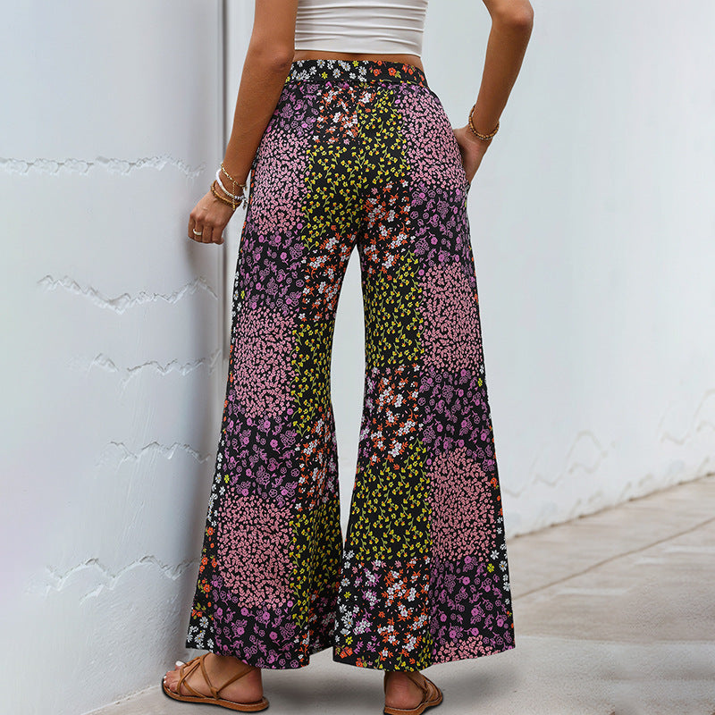 Damen Blumenhose Elastisch Weit mit Taschen