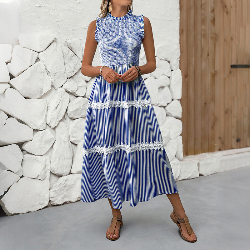 Damen Maxikleid Gestreift Voluminöse Rüschen Weiss
