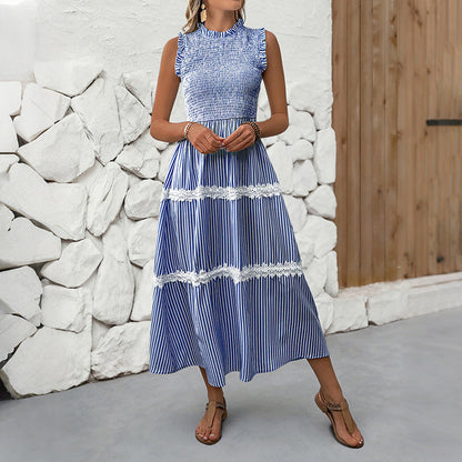 Damen Maxikleid Gestreift Voluminöse Rüschen Weiss