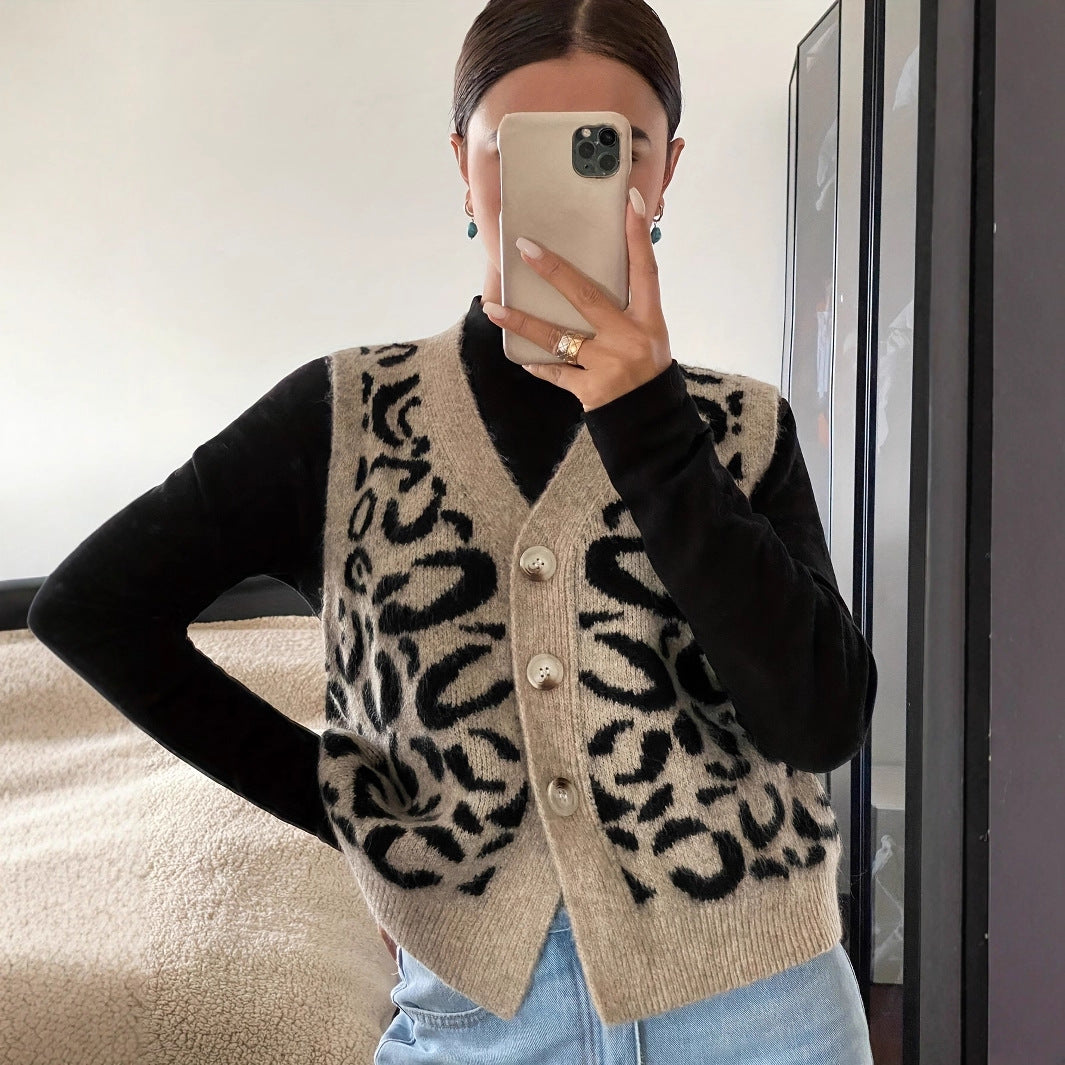 Damen Strickweste Leoprint Hochwertig - Eveloria