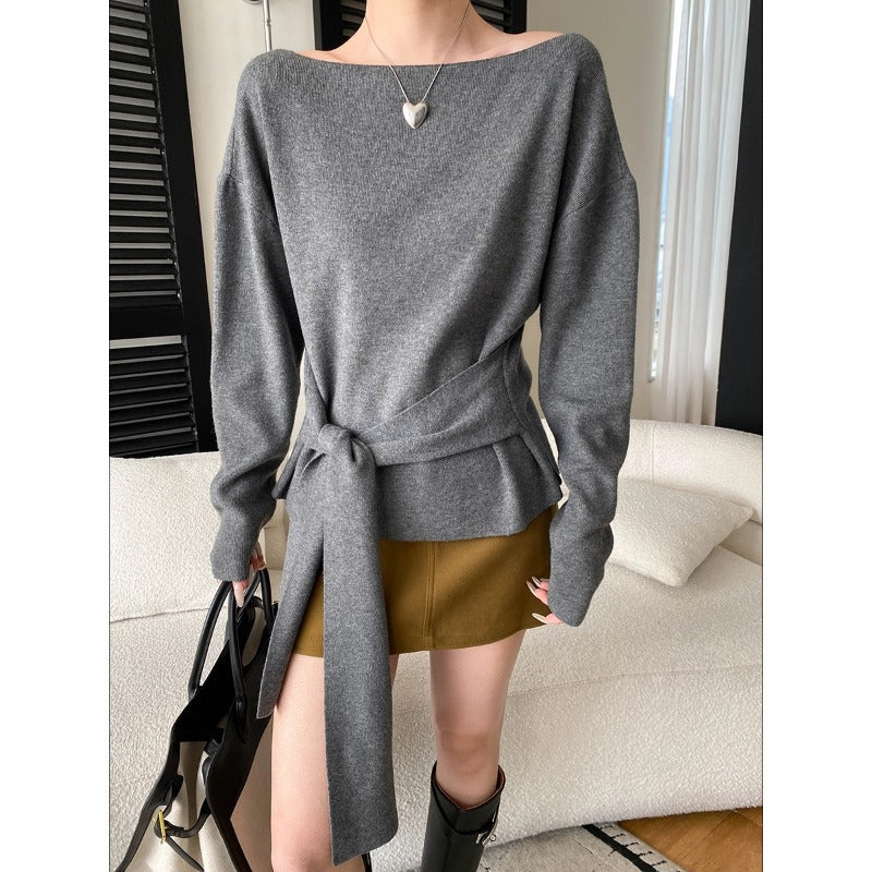 Damen Wollpullover mit Bindegürtel Eveloria - Eveloria