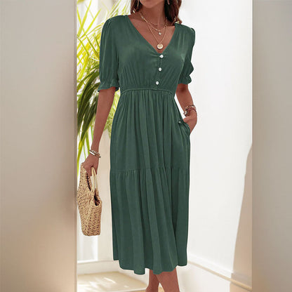 Damen Midi-Kleid Knopfdetail Voluminöse Ärmel Eveloria