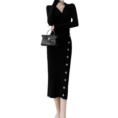 Damen Strickkleid Wickeloptik Knöpfe Eveloria