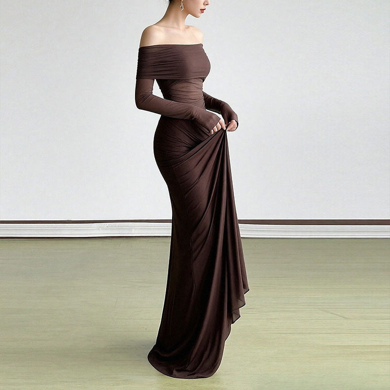 Damen Off-Shoulder Maxikleid Rüschendetails Langer Arm Eveloria
