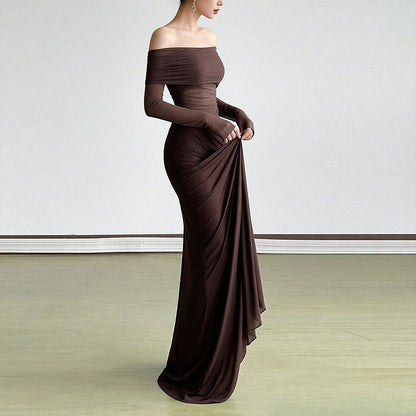 Damen Off-Shoulder Maxikleid Rüschendetails Langer Arm Eveloria
