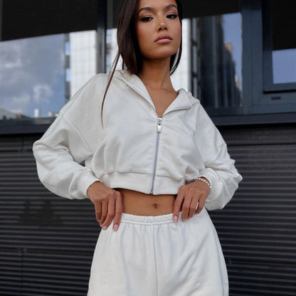 Damen Sportliches Loungewear-Set Cropped Hoodie Lässige Shorts
