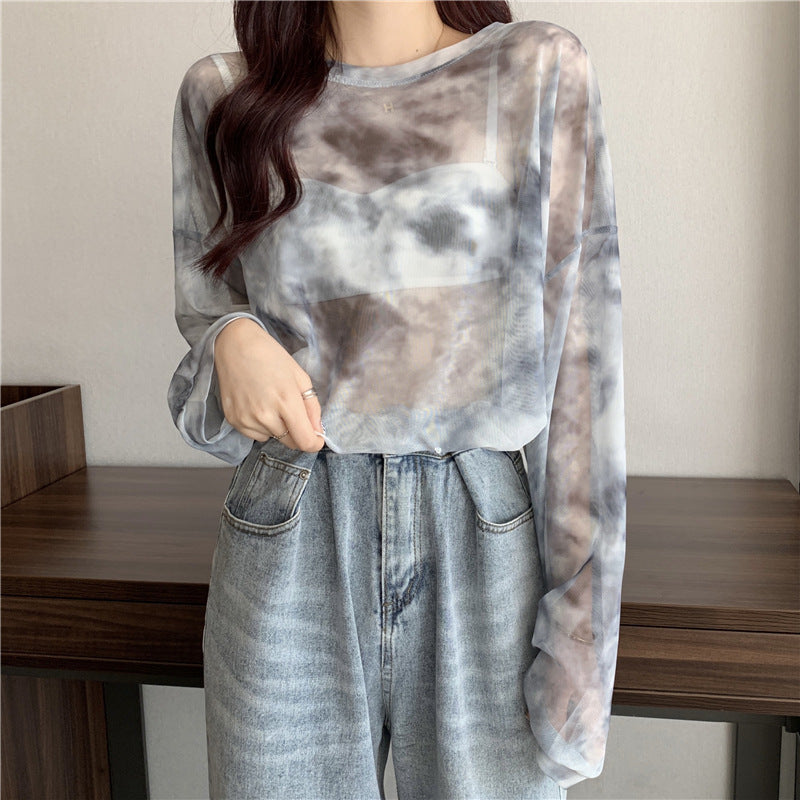 Damen Longsleeve-Oberteil Transparent Tie-Dye Muster