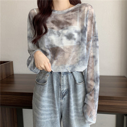 Damen Longsleeve-Oberteil Transparent Tie-Dye Muster