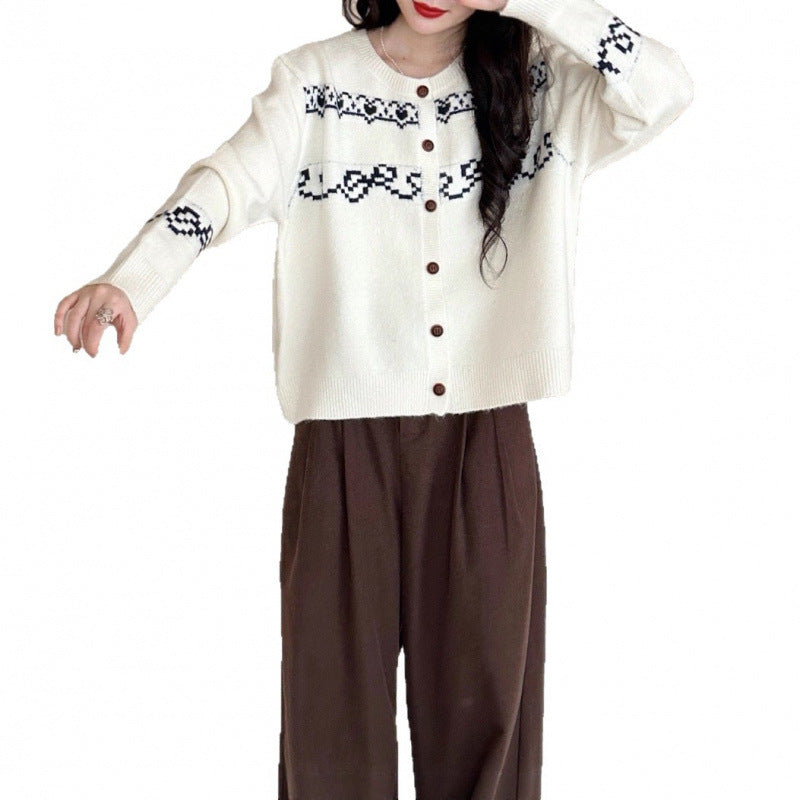 Damen Strickcardigan Holzknöpfe Traditionelle Muster Beige