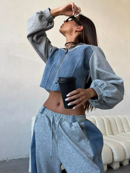 Damen Cropped Sweatjacke Jogginghose Set Ärmel Ballonform